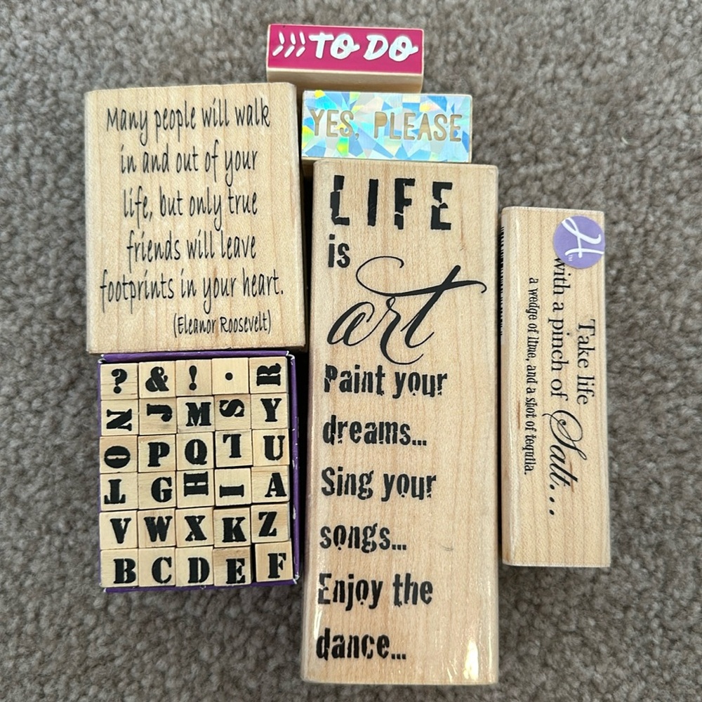 Words, phrases and tiny alphabet rubber stamps.